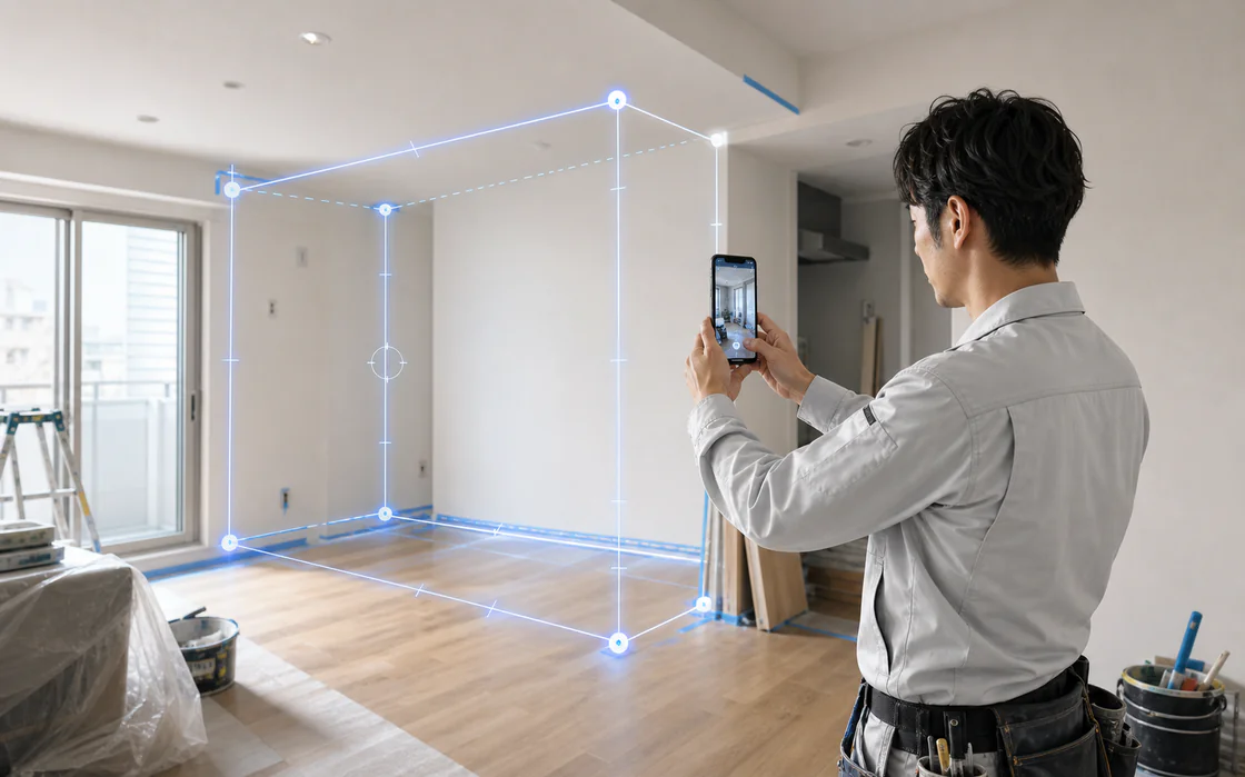 空室をiPhoneでスキャンし、壁面の寸法データを取得している様子