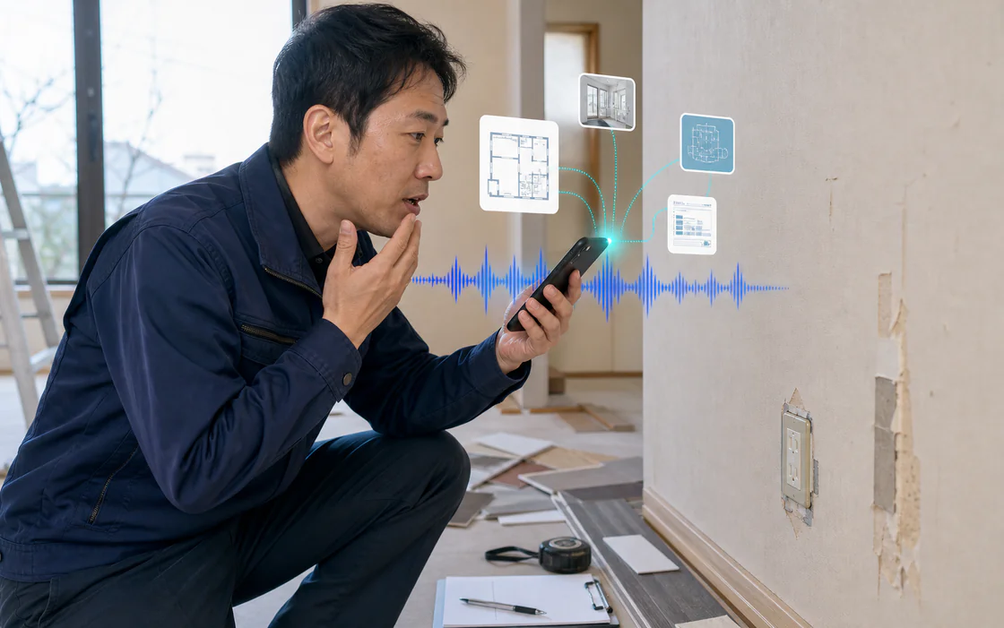 壁の補修箇所を見ながらスマホに音声メモを残す現場担当者