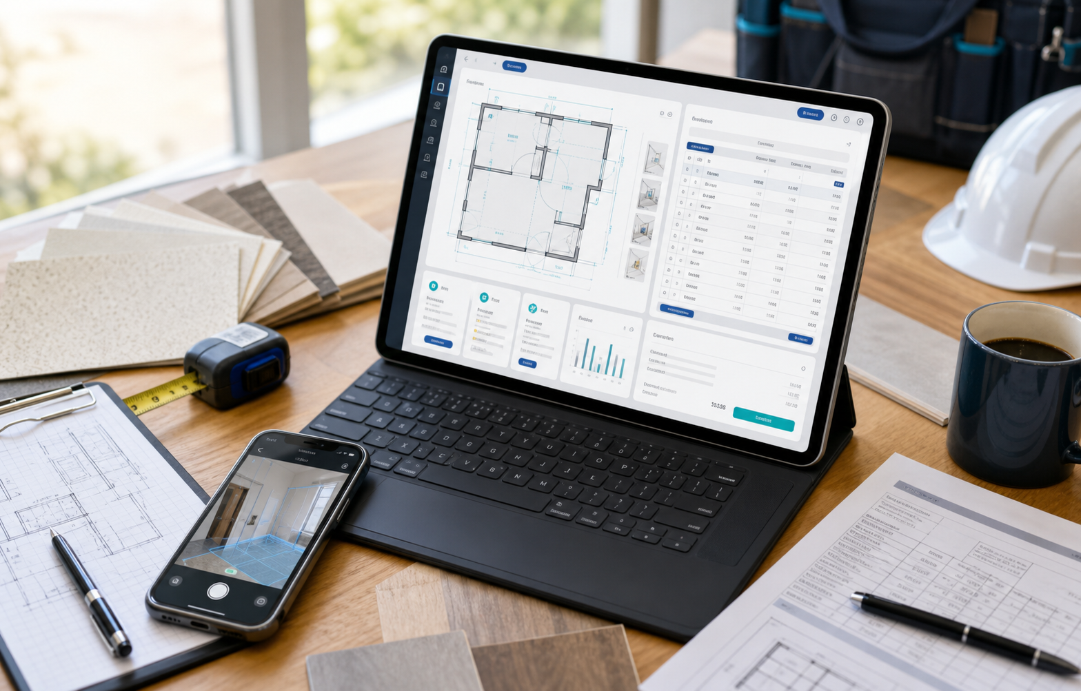 現調データから図面と見積画面を確認しているタブレット