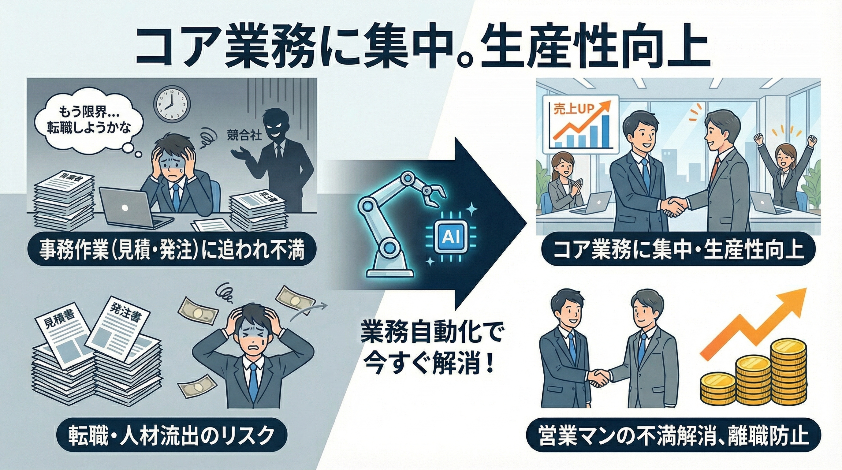 コア業務に集中。生産性向上 - 営業マンの事務作業負担を軽減